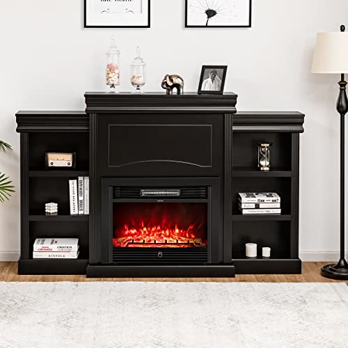 Tangkula 70" Electric Fireplace with Mantel & Bookshelves