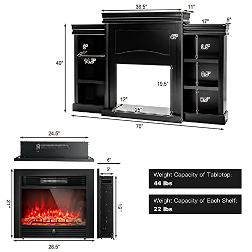 Tangkula 70" Electric Fireplace with Mantel & Bookshelves