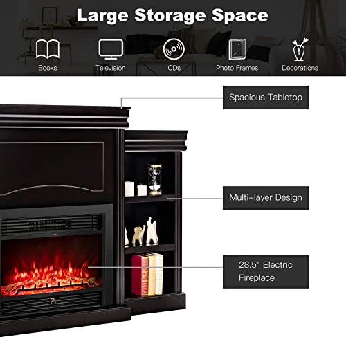 Tangkula 70" Electric Fireplace with Mantel & Bookshelves