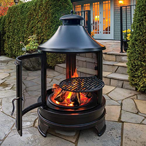 Rustic Outdoor Chiminea with Cooking Grill Fire Pit
