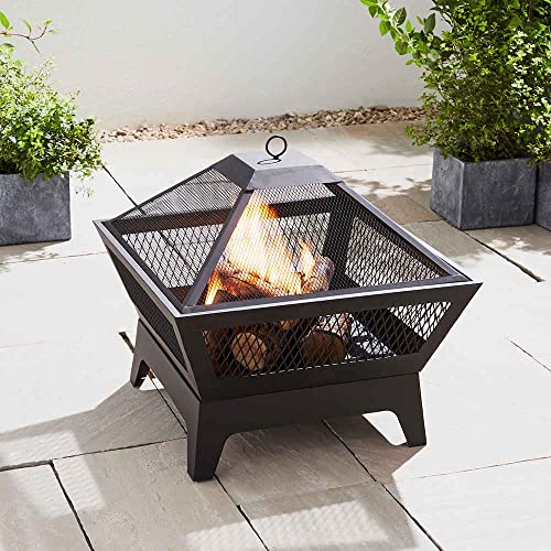 Black Square Outdoor Steel Fire Pit with Lid