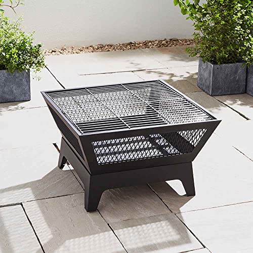 Black Square Outdoor Steel Fire Pit with Lid