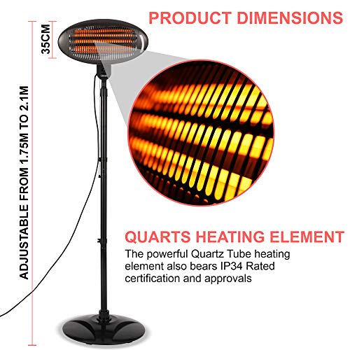 2KW Outdoor Quartz Electric Patio Heater - Black