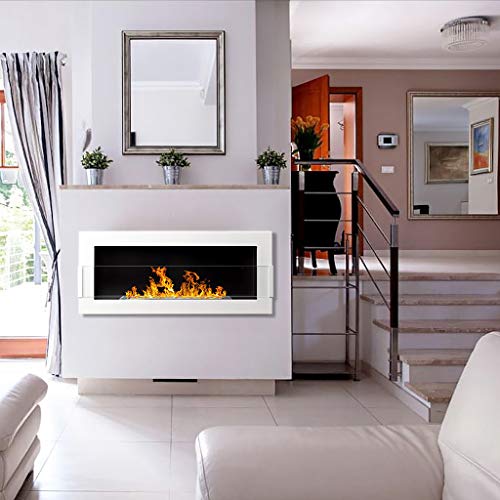 White Bioethanol Fireplace with Glass Protection, 90x40cm