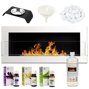 White Bioethanol Fireplace with Glass Protection, 90x40cm