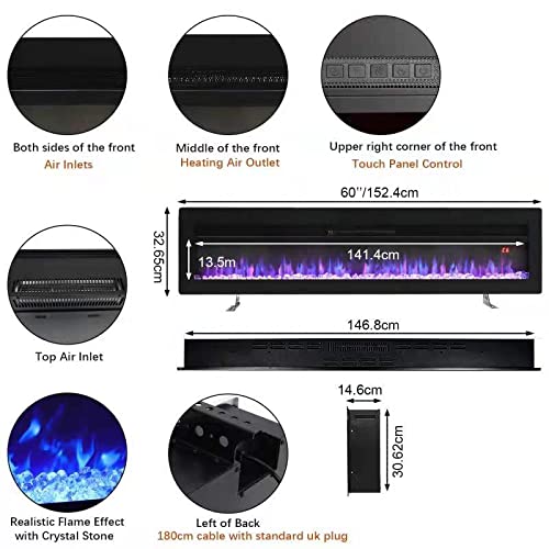 INMOZATA 152cm Wall Mounted Electric Fireplace Black