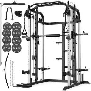Royal Fitness Smith Machine with 140Lbs Solid Cast Iron Olympic Weight Plates, Power Cage Rack with Smith Bar and Cable Pulley System for Home Gym