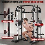 Royal Fitness Smith Machine with 140Lbs Solid Cast Iron Olympic Weight Plates, Power Cage Rack with Smith Bar and Cable Pulley System for Home Gym