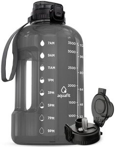 AQUAFIT 1 Gallon Water Jug with Time Marker - BPA Free 128 oz Gym Water Bottle with Straw, Handle, Gray