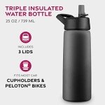FineDine 25 Oz Insulated Water Bottle with Straw - Triple Walled Stainless Steel Metal Bottle W/ 3 Leak Proof Lids - For Travel, School, Sports, Gym/Men, Women & Kids - Inky Raven Black