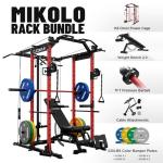 Mikolo K6 Power Cage, Power Rack with Cable Crossover System, Home Gym Packages with Weight Bench, Olympic Barbell, 230b Weight Set-Red