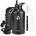 RAYMYLO Insulated Water Bottle 64 oz, Triple Wall Vacuum Stainless Steel (Cold for 48 Hrs), Leak Proof & Non-BPA, Half Gallon Water Flask Jug with Paracord Handle & Straw Spout Lids, Magic Black