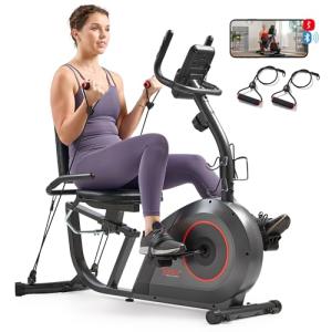 Sunny Health & Fitness Smart Recumbent Bike w/Workout Bands, 300LB Capacity Compact Equipment for Indoor Full-Body Exercise, Adjustable Cushion Seat for Seniors Home Cardio Training, Free SunnyFit App