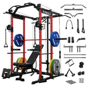 Mikolo K6 Power Cage, Power Rack with Cable Crossover System, Home Gym Packages with Weight Bench, Olympic Barbell, 230b Weight Set-Red