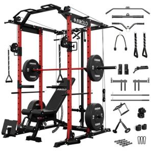 Mikolo K6 Power Cage, Power Rack with Cable Crossover System, Home Gym Packages with Weight Bench, Olympic Barbell, 230b Rubber Weight Set-Red