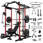 Mikolo K6 Power Cage, Power Rack with Cable Crossover System, Home Gym Packages with Weight Bench, Olympic Barbell, 230b Rubber Weight Set-Red