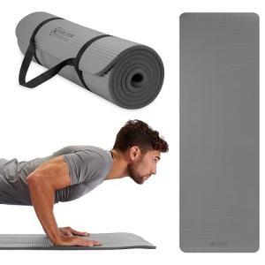 Gaiam Essentials Thick Yoga Mat Fitness & Exercise Mat with Easy-Cinch Carrier Strap, Grey, 72"L X 24"W X 2/5 Inch Thick, 10mm