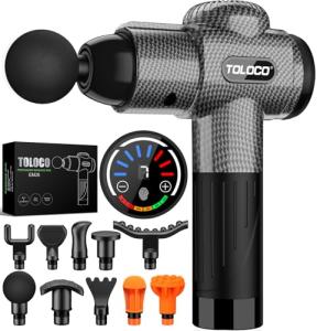 TOLOCO Massage Gun, Deep Tissue Back Massage for Athletes for Pain Relief, Percussion Massager with 10 Massages Heads & Silent Brushless Motor, Carbon
