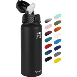 Fanhaw 20 Oz Stainless Steel Insulated Sports Water Bottles with Straw for Kids, Men and Women (Black)