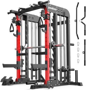 Pooboo Multi-Functional Machine Power Cage, 2000LB Squat Rack, LAT-Pull Down System, Dual Pulley Cable Crossover System, Home Gym Workout Machine with Strength Training Attachments (P43)