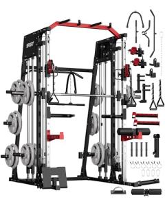 GarveeLife Smith Machine Home Gym All in One, 2200 LBS Squat Rack Power Cage with Smith Bar, Lat Pull-Down, Cable Systems, Leg Hold-Down and More Attachments, Workout Equipment (Red Black)