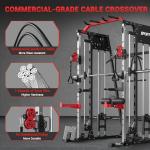 GarveeLife Smith Machine Home Gym All in One, 2200 LBS Squat Rack Power Cage with Smith Bar, Lat Pull-Down, Cable Systems, Leg Hold-Down and More Attachments, Workout Equipment (Red Black)