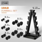 Fitvids Dumbbell Set with Rack, Rubber Coated Hex Dumbbell Weights in 150lbs, 5, 10, 15, 20, 25lbs Pair, Black