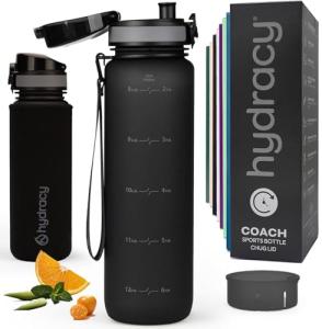 Hydracy Water Bottle with Time Marker -Large 32 oz BPA Free Water Bottle & No Sweat Sleeve -Leak Proof Gym Bottle with Fruit Infuser Strainer & Times to Drink -Ideal for Fitness Sports & Outdoors