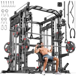 Smith Machine with Cable Crossover System, Multi-Function Power Cage Squat Rack for Home Gym, Power Rack and Packages Weight Sets. (Black, L04-Smith Machine+Bench+(Pole+Cast lron) 250LBS)