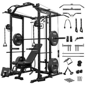 Mikolo K6 Power Cage, Power Rack with Cable Crossover System, Home Gym Packages with Weight Bench, Olympic Barbell, 230b Rubber Weight Set-Black