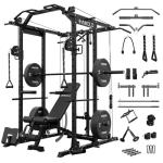 Mikolo K6 Power Cage, Power Rack with Cable Crossover System, Home Gym Packages with Weight Bench, Olympic Barbell, 230b Rubber Weight Set-Black