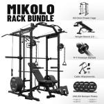 Mikolo K6 Power Cage, Power Rack with Cable Crossover System, Home Gym Packages with Weight Bench, Olympic Barbell, 230b Rubber Weight Set-Black