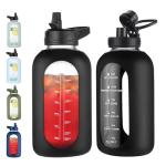 EALGRO 64 oz Glass Water Bottle With Straw and Handle, Half Gallon Sports Motivational Water Jug Flask with Silicone Sleeve, Large Water Cup with Time Marker for Travel, Gym, Black