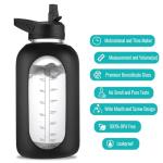 EALGRO 64 oz Glass Water Bottle With Straw and Handle, Half Gallon Sports Motivational Water Jug Flask with Silicone Sleeve, Large Water Cup with Time Marker for Travel, Gym, Black