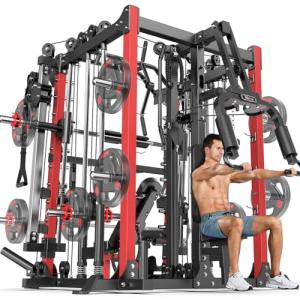 Smith Machine with Cable Crossover System, Multi-Function Squat Rack Power Cage for Home Gym, Power Rack and Packages Weight Sets (Red, L07-Smith Machine+Weight Bench)