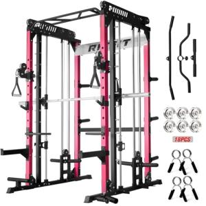 RitFit M1 & M1 Pro Smith Machine with Cable Crossover System, Multi-Function Squat Rack Power Cage for Home Gym, Power Rack and Packages Pink