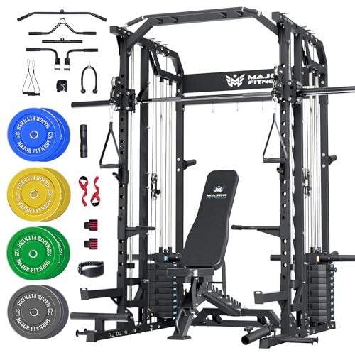 Major Fitness Drone2 Premium Smith△ Machine, All-in-One Home Gym Squat Rack with Aluminum Pulley Set, Weight Bar (BK D2AW Package(with Black Bench+230lb))