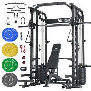 Major Fitness Drone2 Premium Smith△ Machine, All-in-One Home Gym Squat Rack with Aluminum Pulley Set, Weight Bar (BK D2AW Package(with Black Bench+230lb))