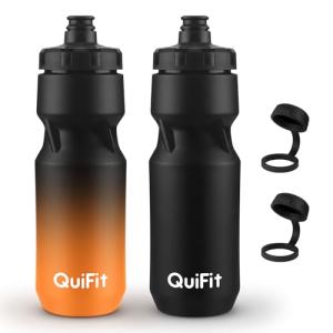 QuiFit Cycling Water Bottle 24oz, 2 Pack Sports Water Bottle BPA Free, Leakproof, Lightweight, With Dust Cap, Fits for Most Bike Drink Holder, for Biking, Running, Travel(Black+Black Orange, 24oz)