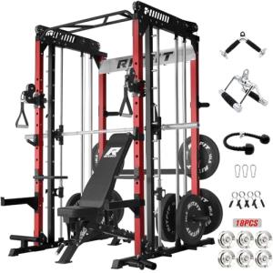 RitFit M1 Pro SmithMachine with Cable Crossover System, Multi-Function Squat Rack Power Cage for Home Gym, Power Rack and Packages Red（bp260 Package）