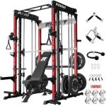 RitFit M1 Pro SmithMachine with Cable Crossover System, Multi-Function Squat Rack Power Cage for Home Gym, Power Rack and Packages Red（bp260 Package）