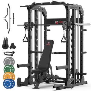 MEGASTAR Complete Home Gym System - 2000lbs Capacity All-in-One Smith Machine Package with Cable Crossover for Home Gym Garage, Includes Multi Grip, 18 Attachments, P107 Black