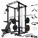 RitFit Squat Rack Power Cage Home Gym Package, Includes 1000LBS Power Rack with Cable Crossover System, Weight Bench, Weight Plate Set with Olympic Barbell (Package 1.6K (Bumper Plate 230LBS))-Black