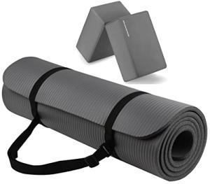 Fitvids All Purpose 1/2-Inch Extra Thick High Density Anti-Tear Exercise Yoga Mat with Carrying Strap and Yoga Blocks, Gray