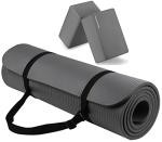 Fitvids All Purpose 1/2-Inch Extra Thick High Density Anti-Tear Exercise Yoga Mat with Carrying Strap and Yoga Blocks, Gray