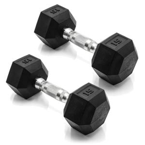 CAP Barbell 15 LB Rubber Coated Hex Dumbbell Hand Weight - Pair | Chrome Handle
