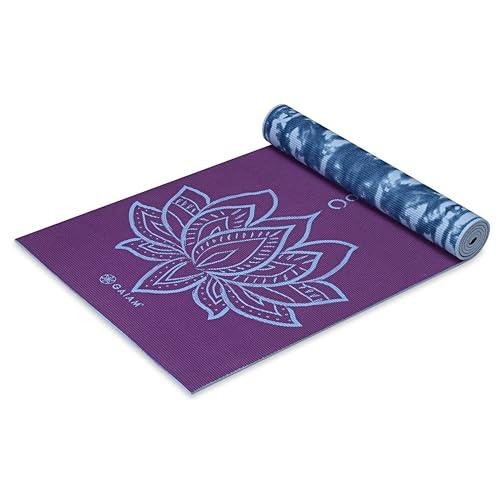 Gaiam Yoga Mat Premium Print Reversible Extra Thick Non Slip Exercise & Fitness Mat for All Types of Yoga, Pilates & Floor Workouts, Purple Lotus, 68"L x 24"W x 6mm Thick