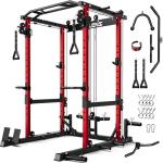 JELENS C12 Squat Rack for Home Gym, 2000LBS Power Rack with Adjustable Pulley System, Power Cage Workout Equipment with LAT Pulldown and Training Attachment (Red, C12 Squat Rack)