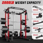 JELENS C12 Squat Rack for Home Gym, 2000LBS Power Rack with Adjustable Pulley System, Power Cage Workout Equipment with LAT Pulldown and Training Attachment (Red, C12 Squat Rack)