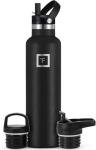 IRON °FLASK Camping & Hiking Hydration Flask with Straw, BPA-Free Insulated Stainless Steel Sports Water Bottle - 24 oz Midnight Black